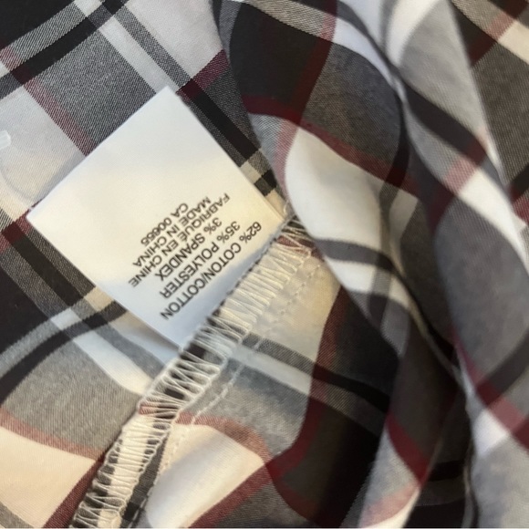 Fitted White, Black, and Burgundy Plaid Button-Up Top, Sz L. - Picture 4 of 5